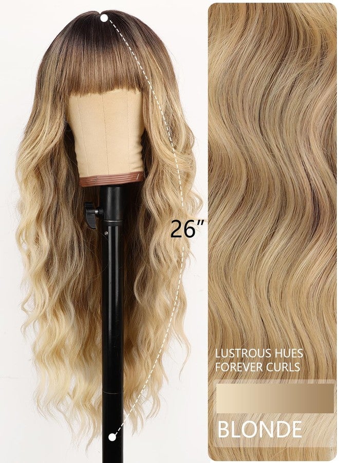 AISI HAIR Blonde Wig with Bangs Long Wavy Synthetic Wig for Women with Daily Party Use - Image 2